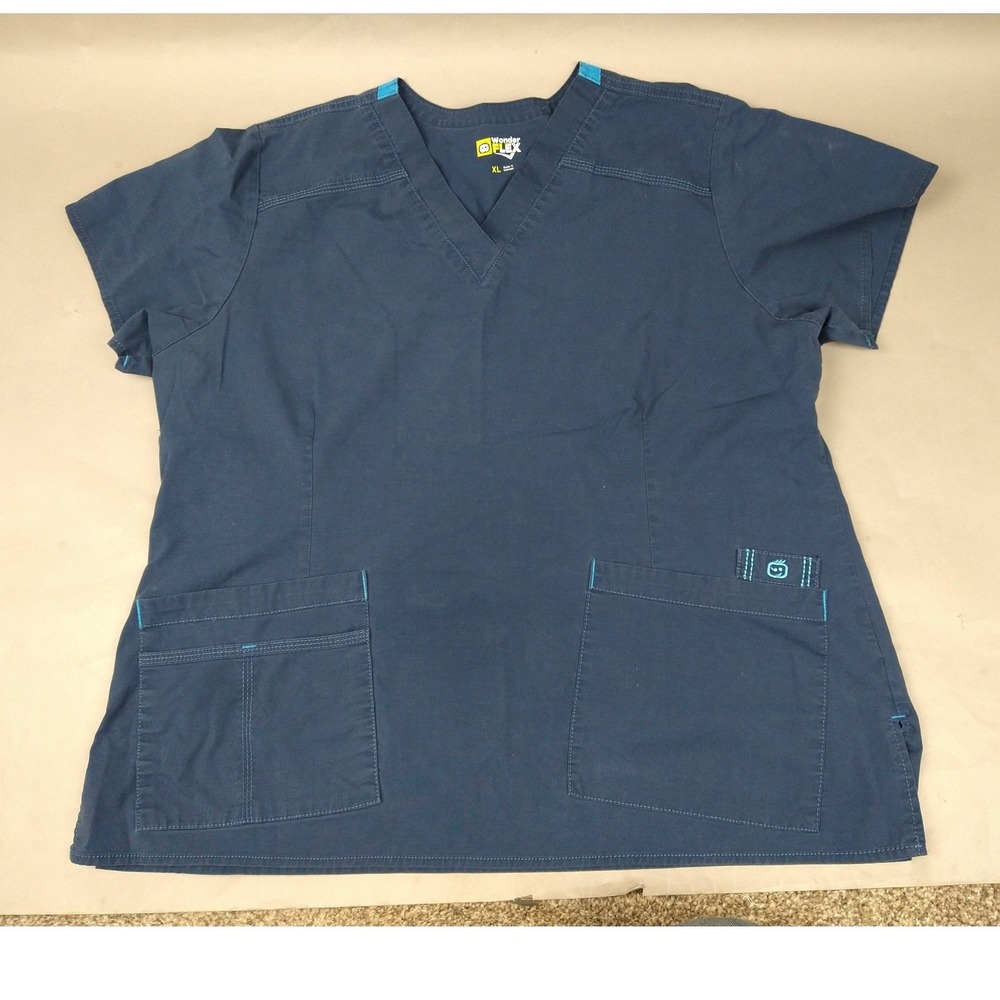 WonderWink WonderFLEX Navy Blue V-Neck Scrub Top XL‎ Turquoise Trim Multi-Pocket